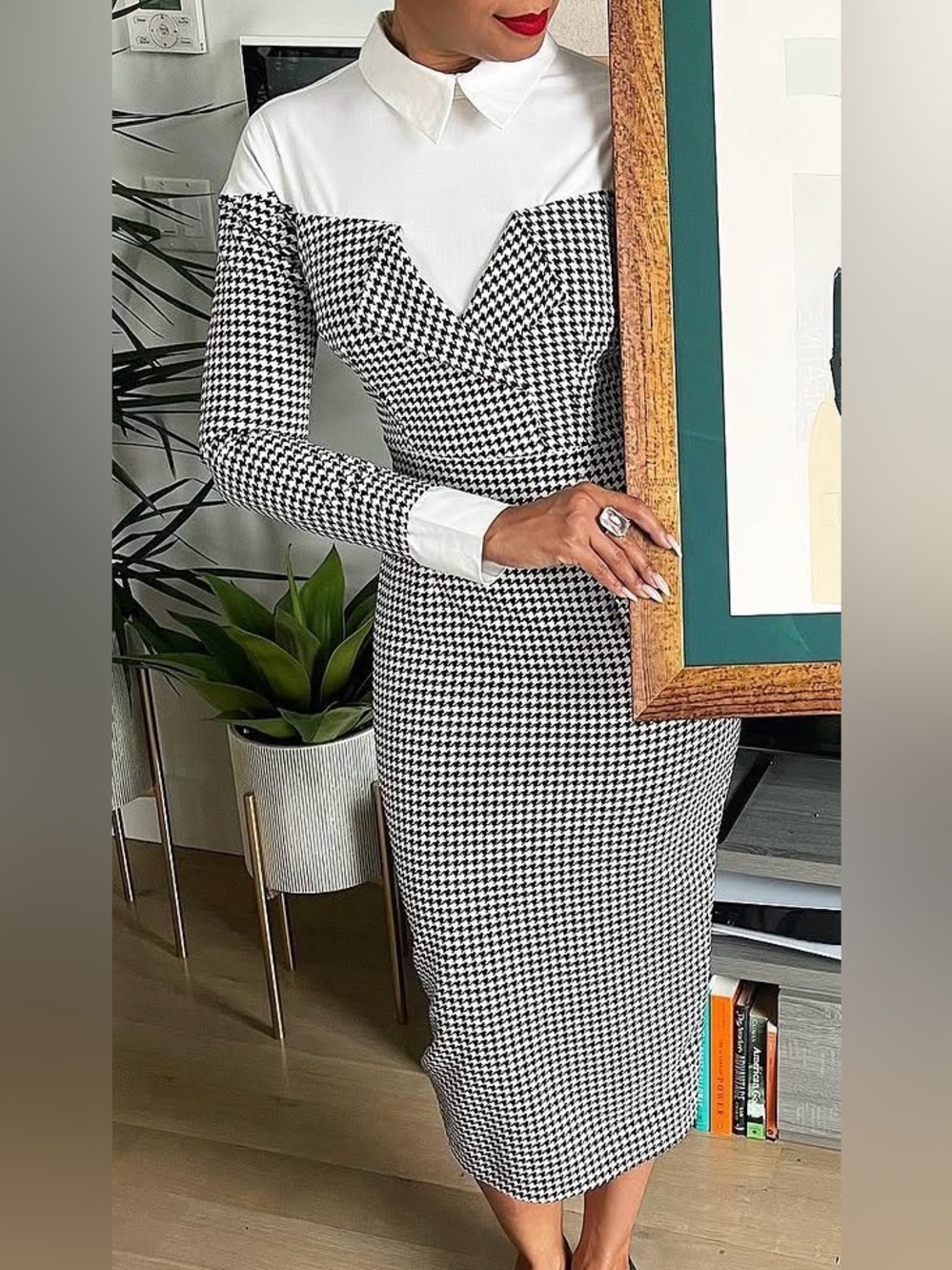 Houndstooth Midi Dress with White Contrast Shirt Collar - B&W Like New (S)